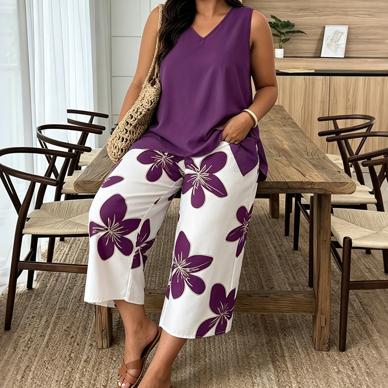 Aniza - Haut Asymétrique et Pantacourt à Motifs Floraux