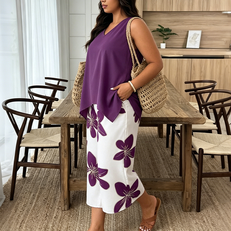 Aniza - Haut Asymétrique et Pantacourt à Motifs Floraux