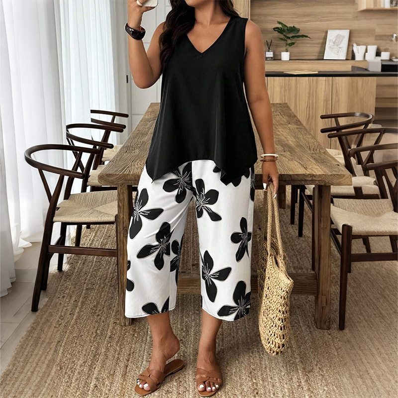 Aniza - Haut Asymétrique et Pantacourt à Motifs Floraux