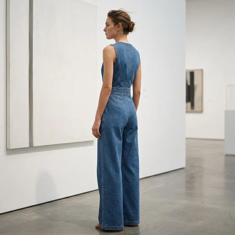 Laurien - Combinaison Sans Manches en Denim Asymétrique À Effet Cache-cœur