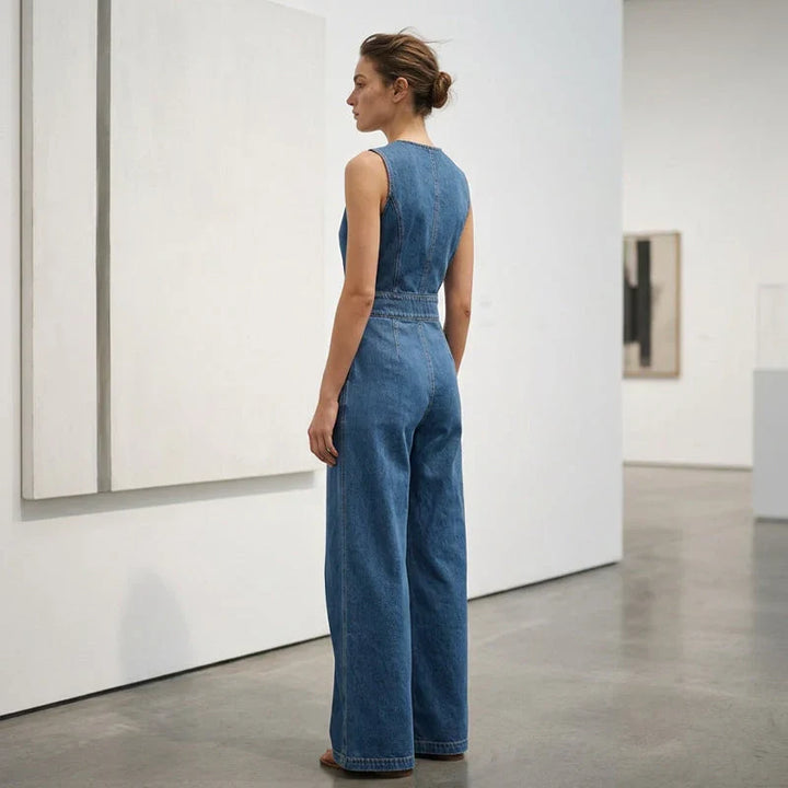 Laurien - Combinaison Sans Manches en Denim Asymétrique À Effet Cache-cœur