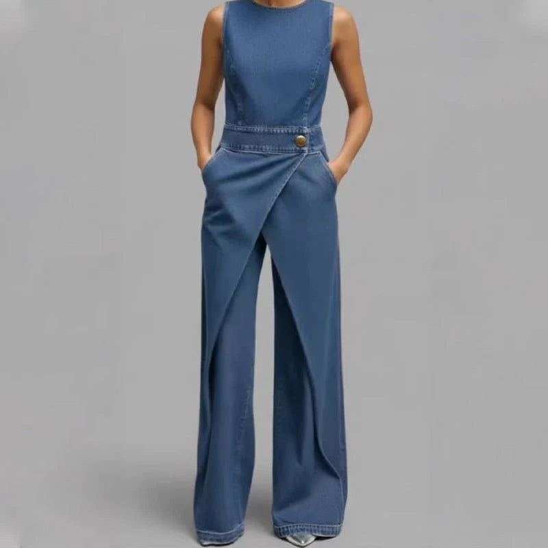 Laurien - Combinaison Sans Manches en Denim Asymétrique À Effet Cache-cœur