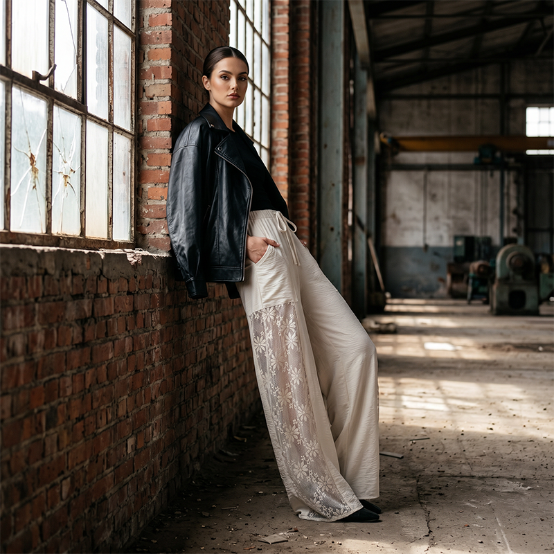 Qerina - Pantalon Orné d'empiècements En Dentelle Florale Délicate