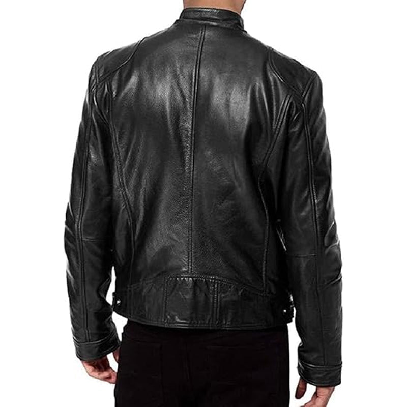 Emanual - Stand Collar Zip Up Leather Jacket