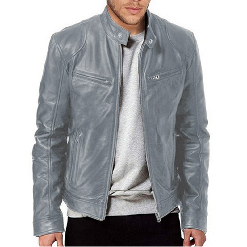 Emanual - Stand Collar Zip Up Leather Jacket