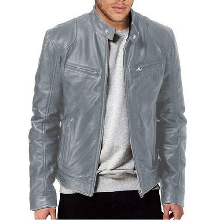 Emanual - Stand Collar Zip Up Leather Jacket