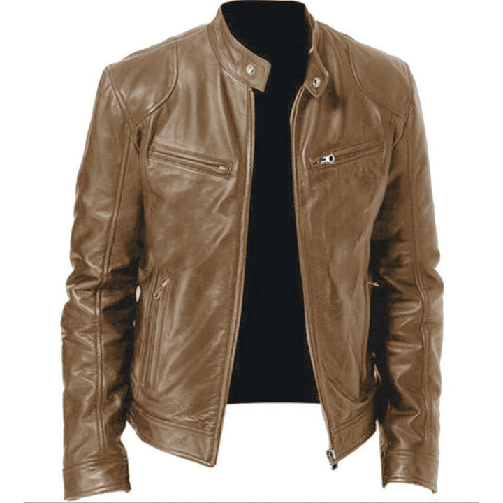Emanual - Stand Collar Zip Up Leather Jacket