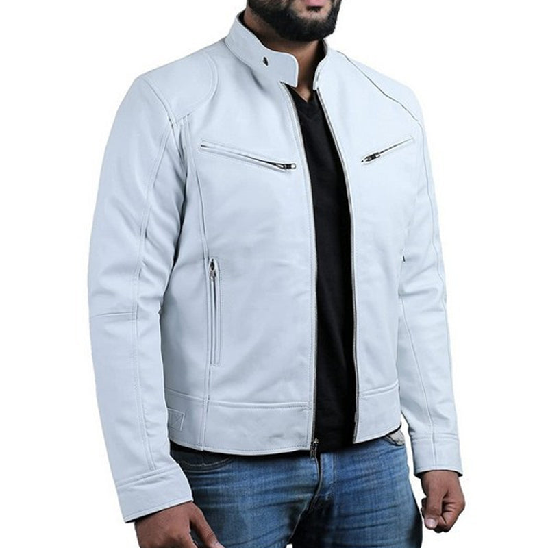 Emanual - Stand Collar Zip Up Leather Jacket