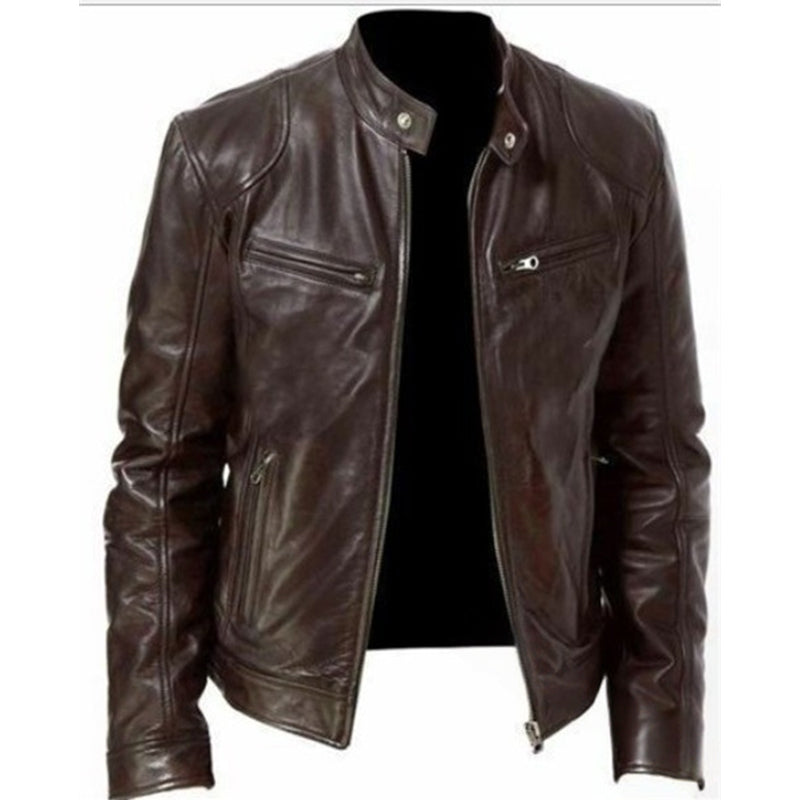 Emanual - Stand Collar Zip Up Leather Jacket