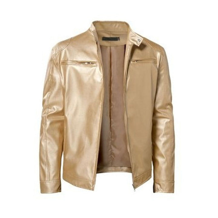 Emanual - Stand Collar Zip Up Leather Jacket