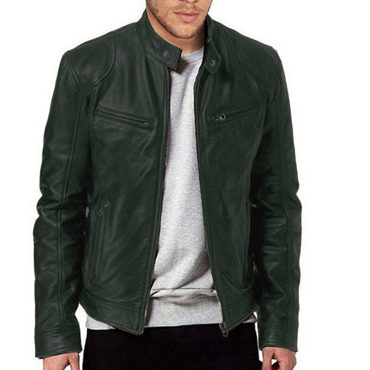 Emanual - Stand Collar Zip Up Leather Jacket