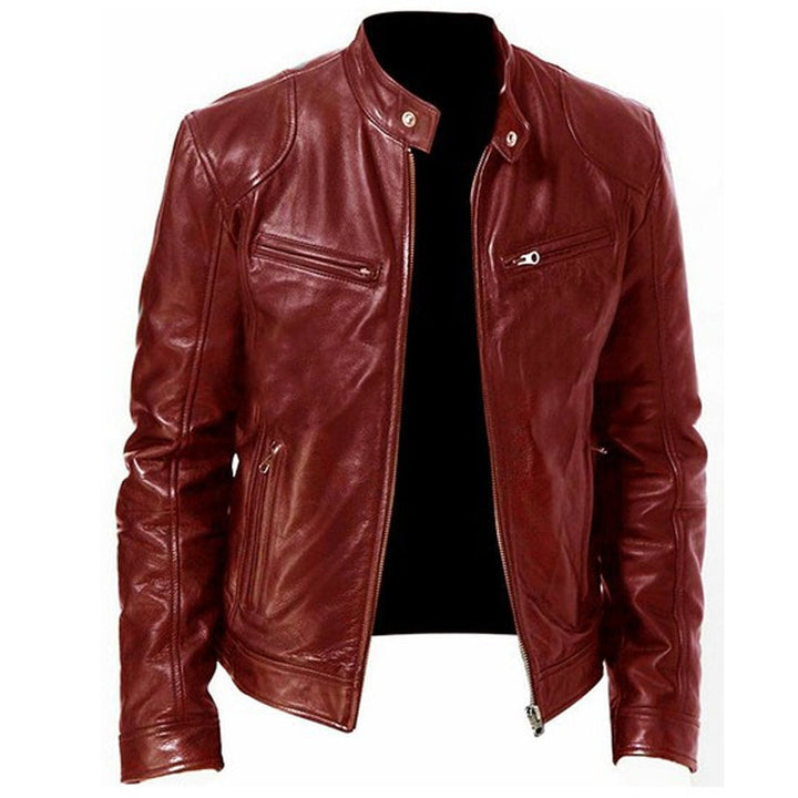Emanual - Stand Collar Zip Up Leather Jacket