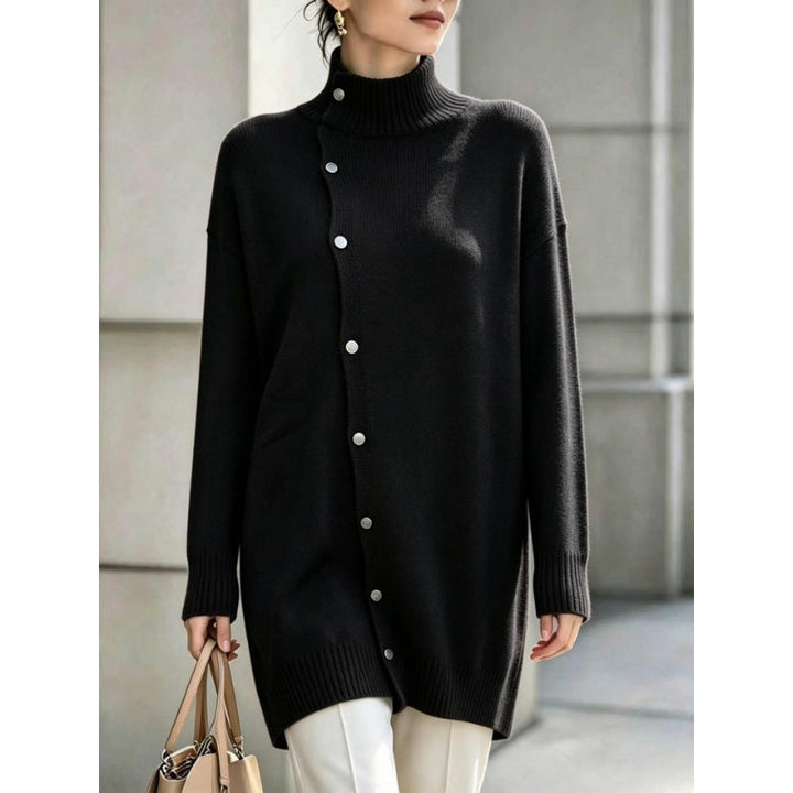Hiroko - Pull Long en Maille à Col Roulé et Boutons