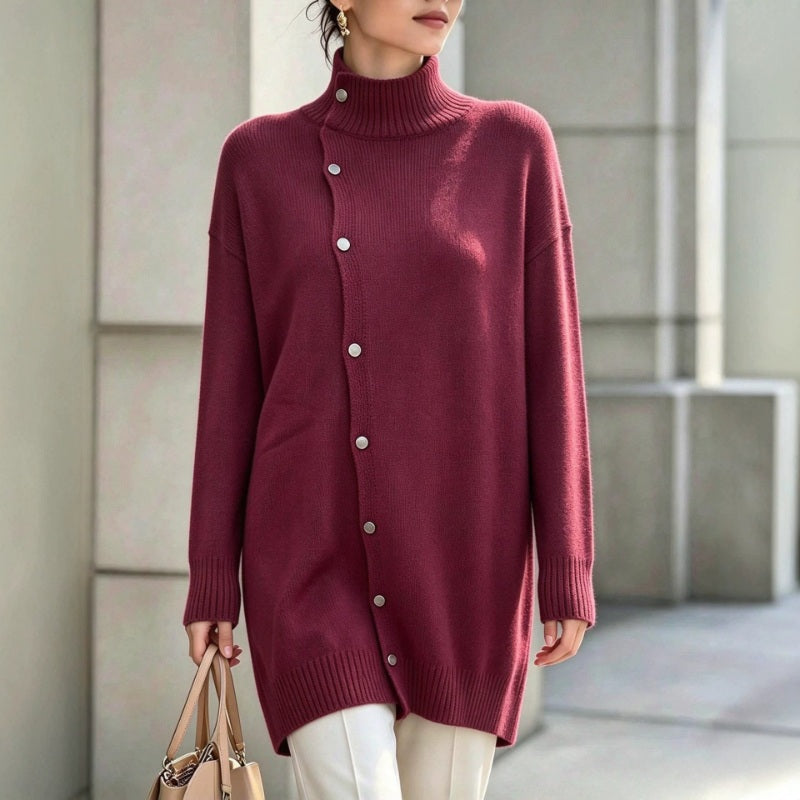 Hiroko - Pull Long en Maille à Col Roulé et Boutons
