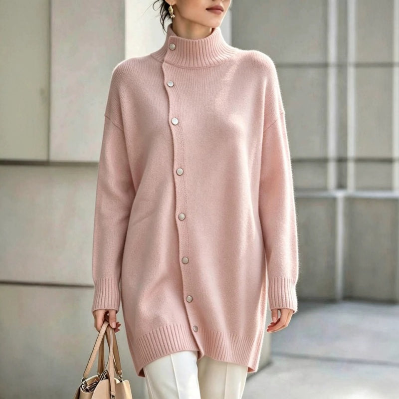 Hiroko - Pull Long en Maille à Col Roulé et Boutons