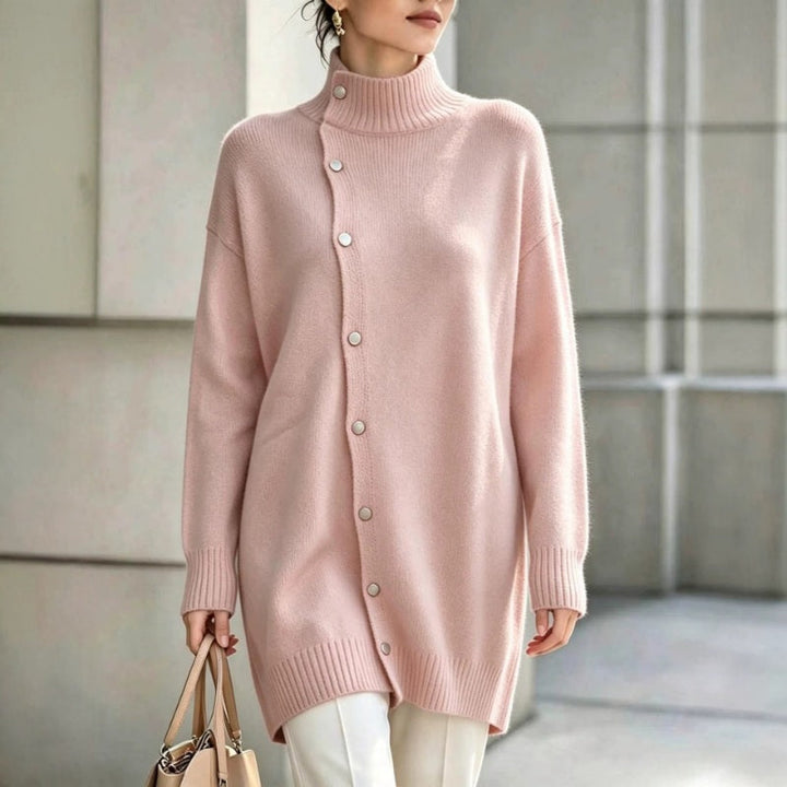 Hiroko - Pull Long en Maille à Col Roulé et Boutons