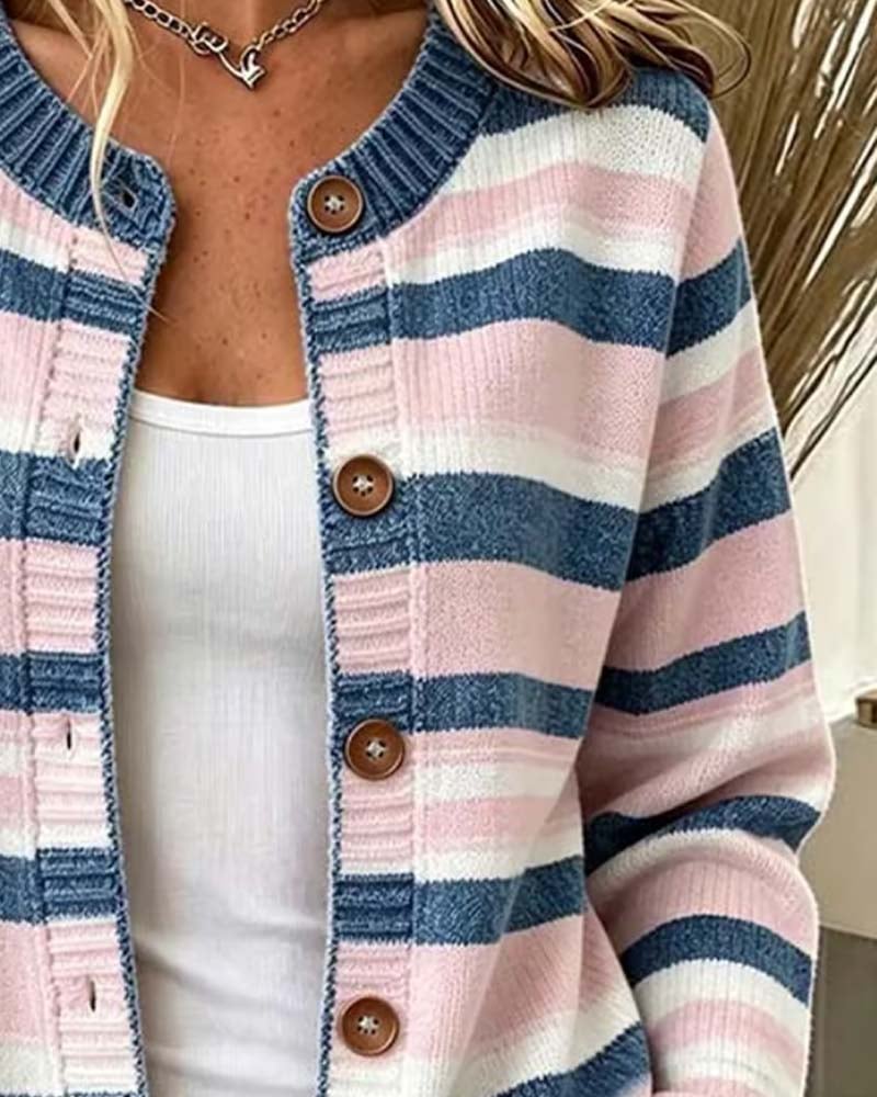 Christelle - Cardigan À Col Rond Rayé À Simple Boutonnage